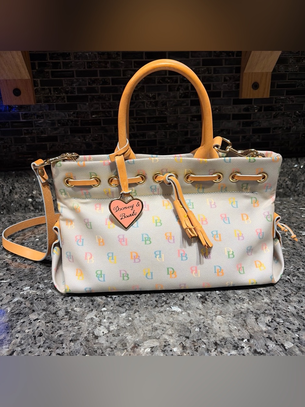 VTG Dooney & Bourke Multicolor Monogram Satchel Tote Bag w/Pink Heart Charm Y2K